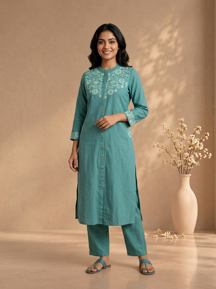 Sea Green Cotton Floral Thread Embroidered Two Piece Set