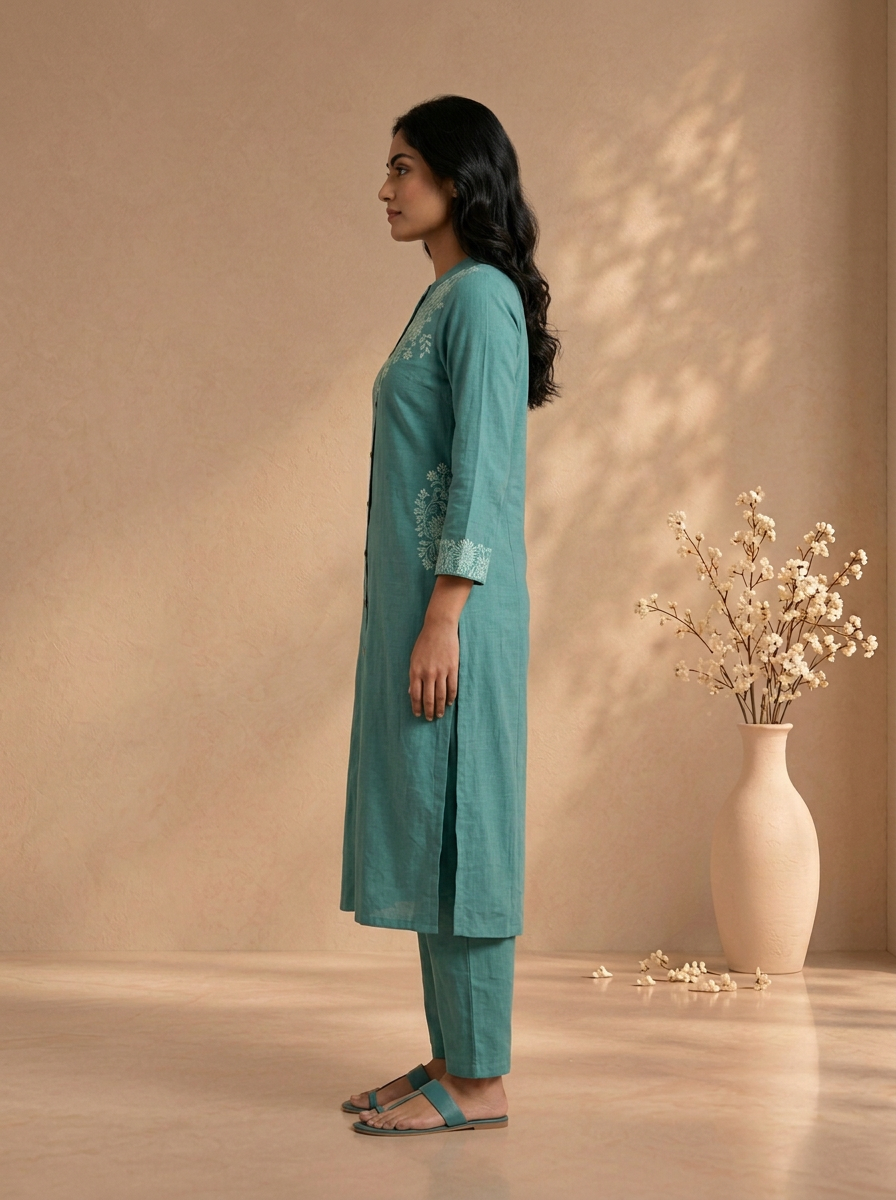 Sea Green Cotton Floral Thread Embroidered Two Piece Set