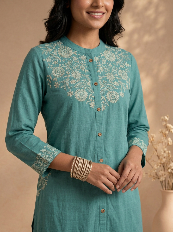 Sea Green Cotton Floral Thread Embroidered Two Piece Set