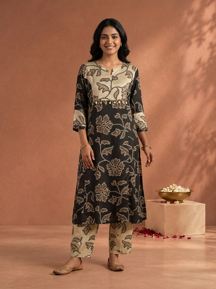 Black Satin Bandhani Floral Dot Printed Two Piece Set