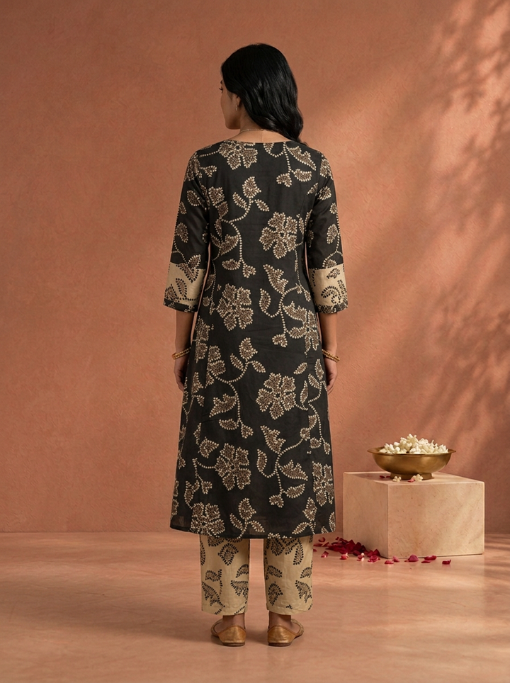 Black Satin Bandhani Floral Dot Printed Two Piece Set