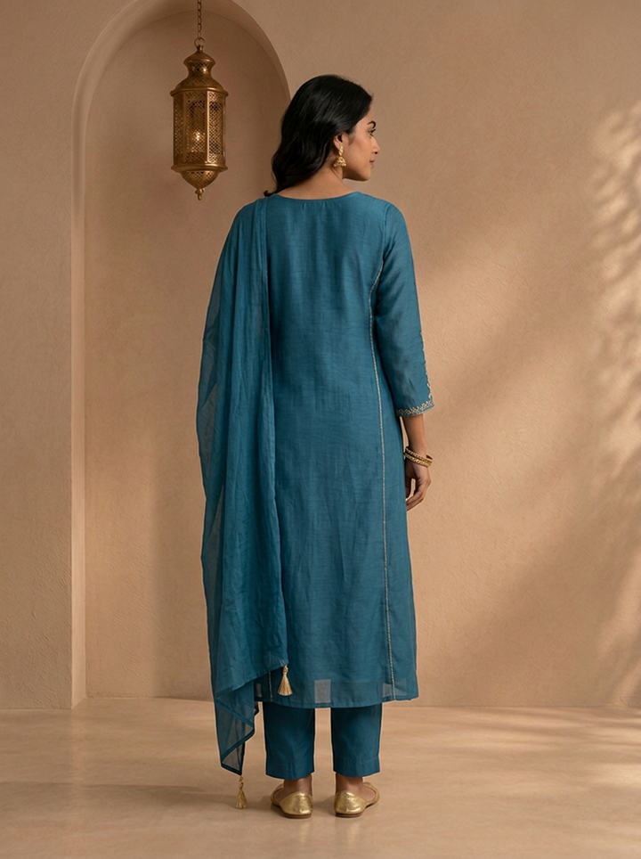 Teal Blue Chanderi Embroidered Three Piece Set