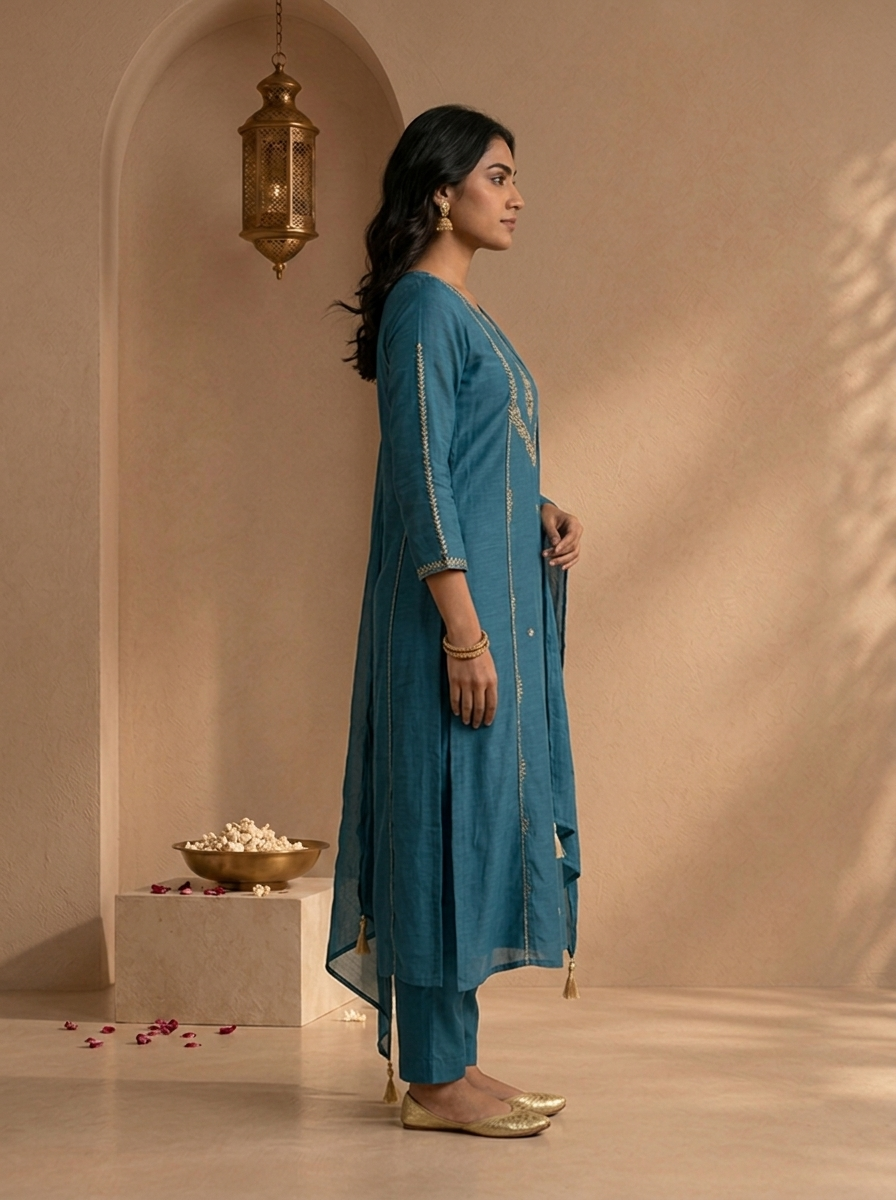 Teal Blue Chanderi Embroidered Three Piece Set