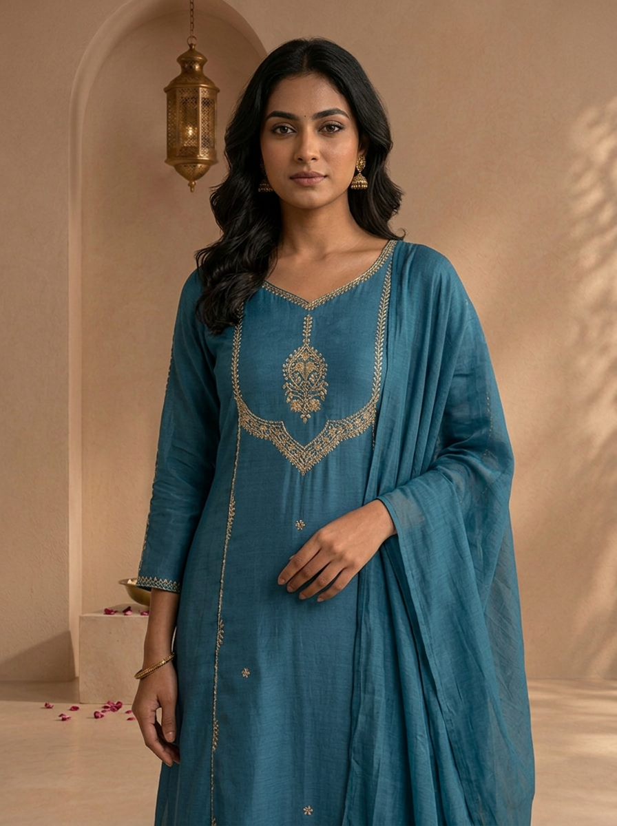 Teal Blue Chanderi Embroidered Three Piece Set