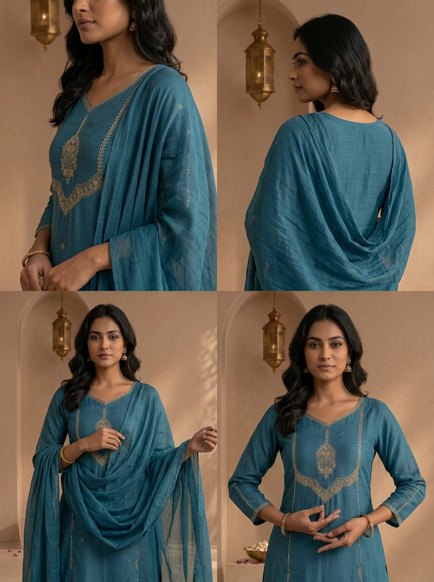 Teal Blue Chanderi Embroidered Three Piece Set