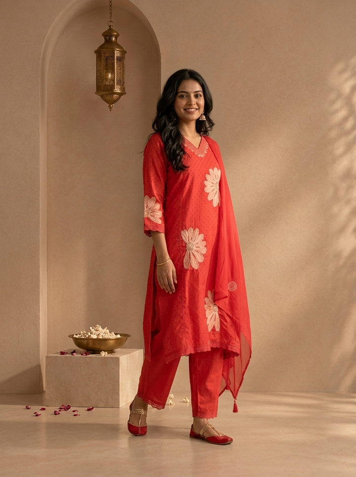 Red Rayon Floral Applique Patch Embroidered Three Piece Set