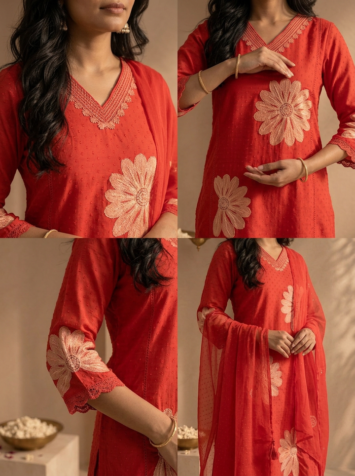 Red Rayon Floral Applique Patch Embroidered Three Piece Set