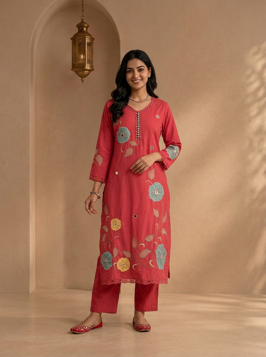 Rose Pink Cotton Floral Patch Embroidered Three Piece Set