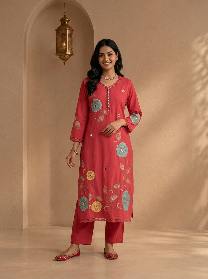 Rose Pink Cotton Floral Patch Embroidered Three Piece Set