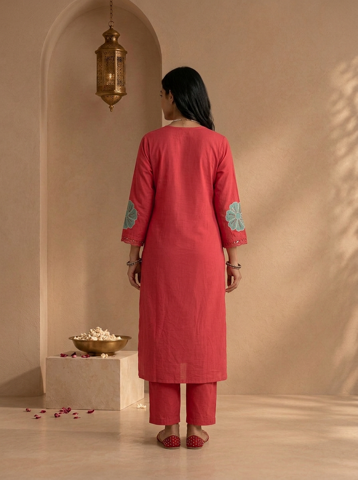 Rose Pink Cotton Floral Patch Embroidered Three Piece Set