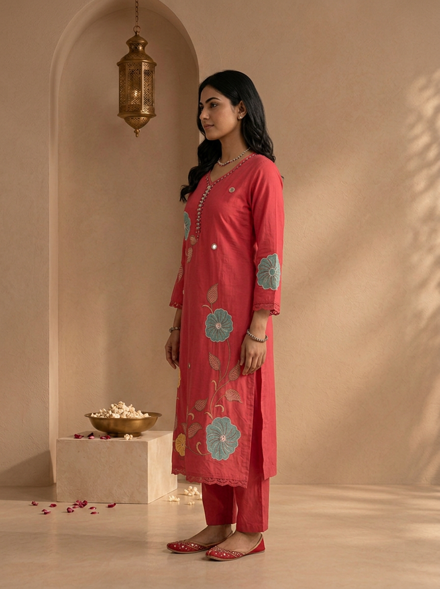 Rose Pink Cotton Floral Patch Embroidered Three Piece Set