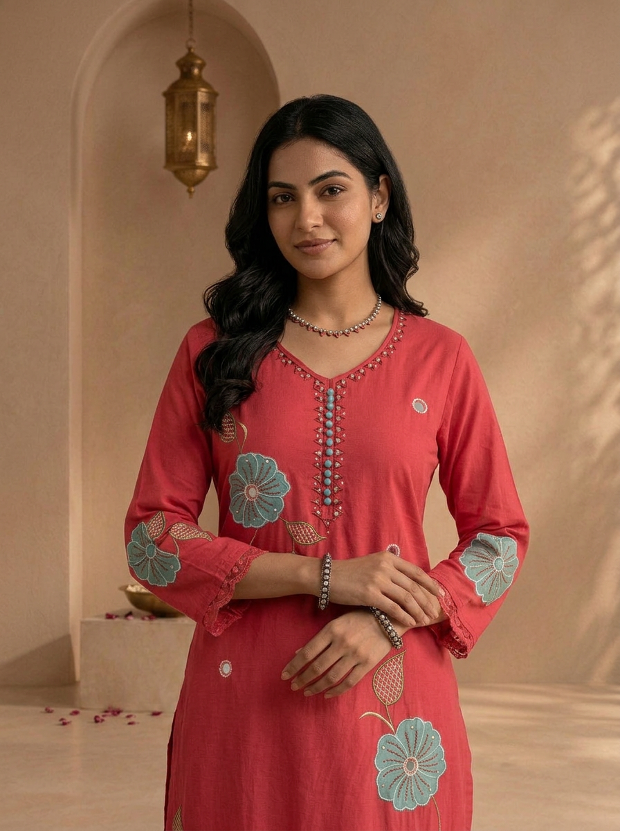 Rose Pink Cotton Floral Patch Embroidered Three Piece Set