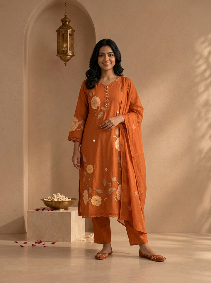 Orange Cotton Floral Patch Embroidered Three Piece Set
