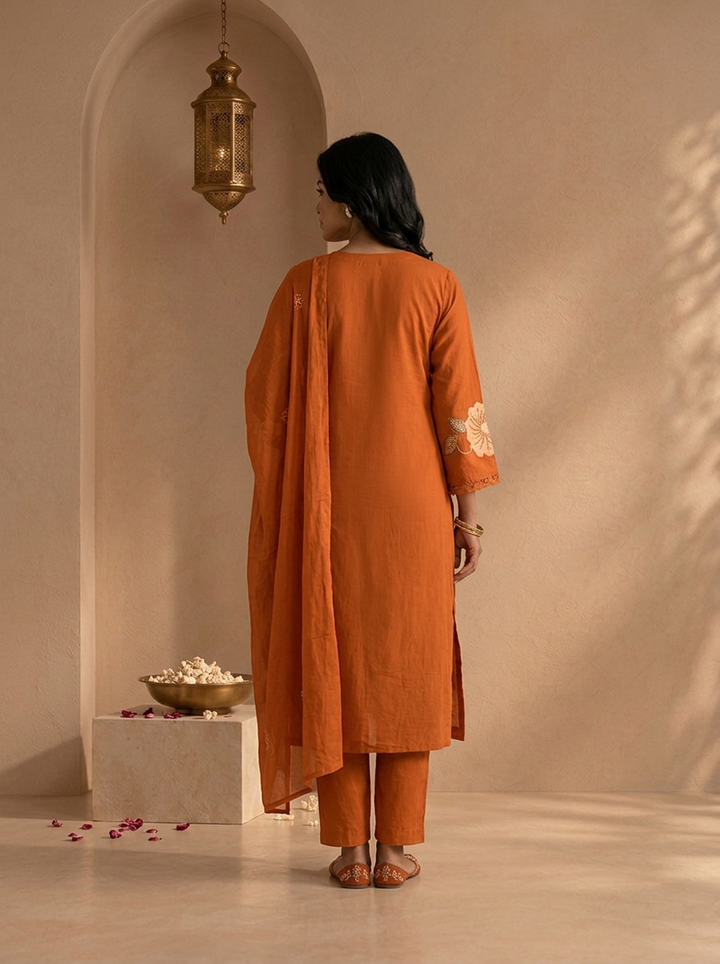Orange Cotton Floral Patch Embroidered Three Piece Set