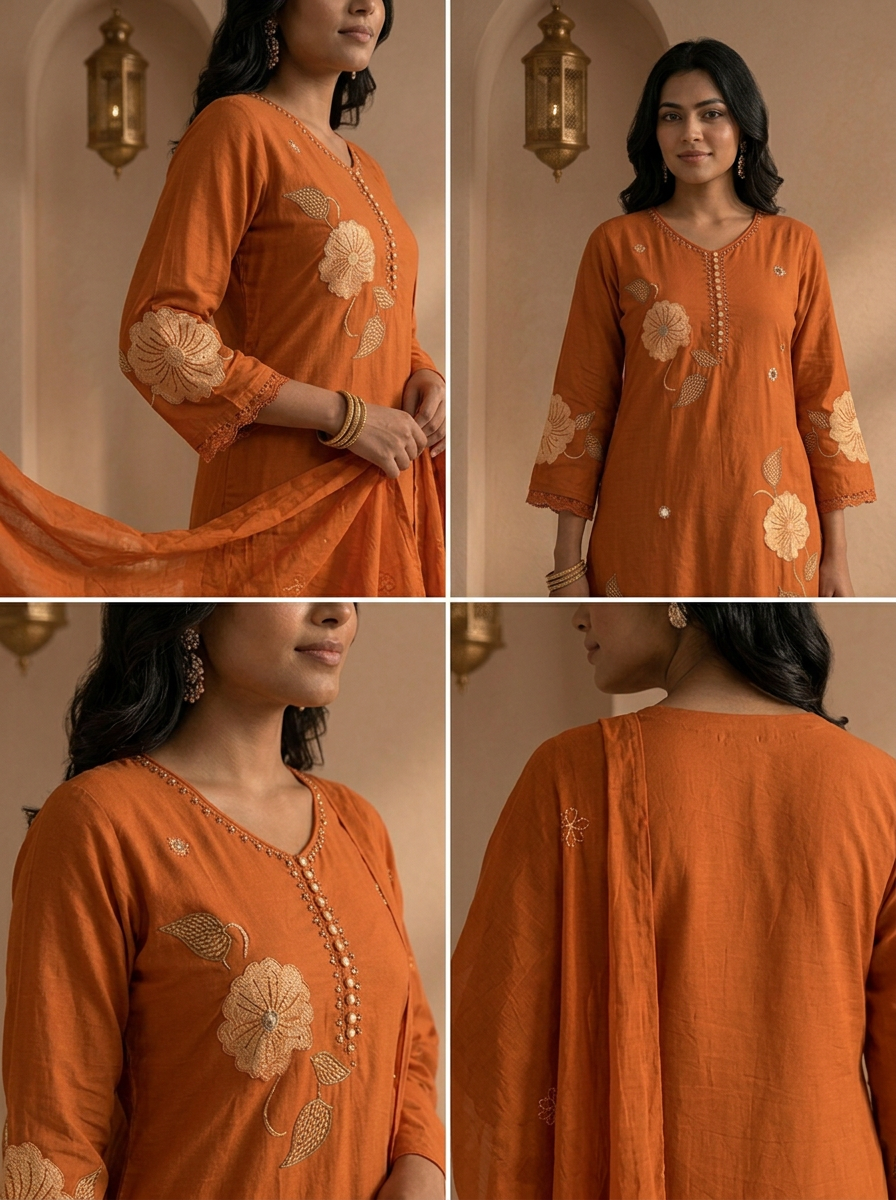 Orange Cotton Floral Patch Embroidered Three Piece Set
