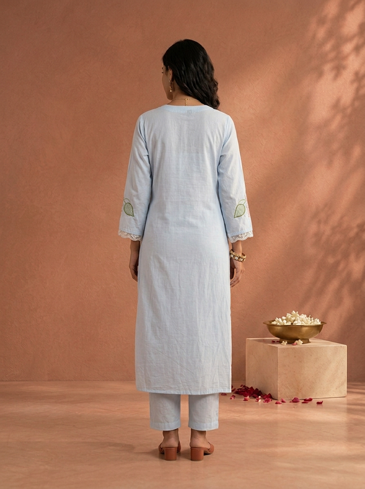 Sky Blue Cotton Floral Patch Embroidered Three Piece Set