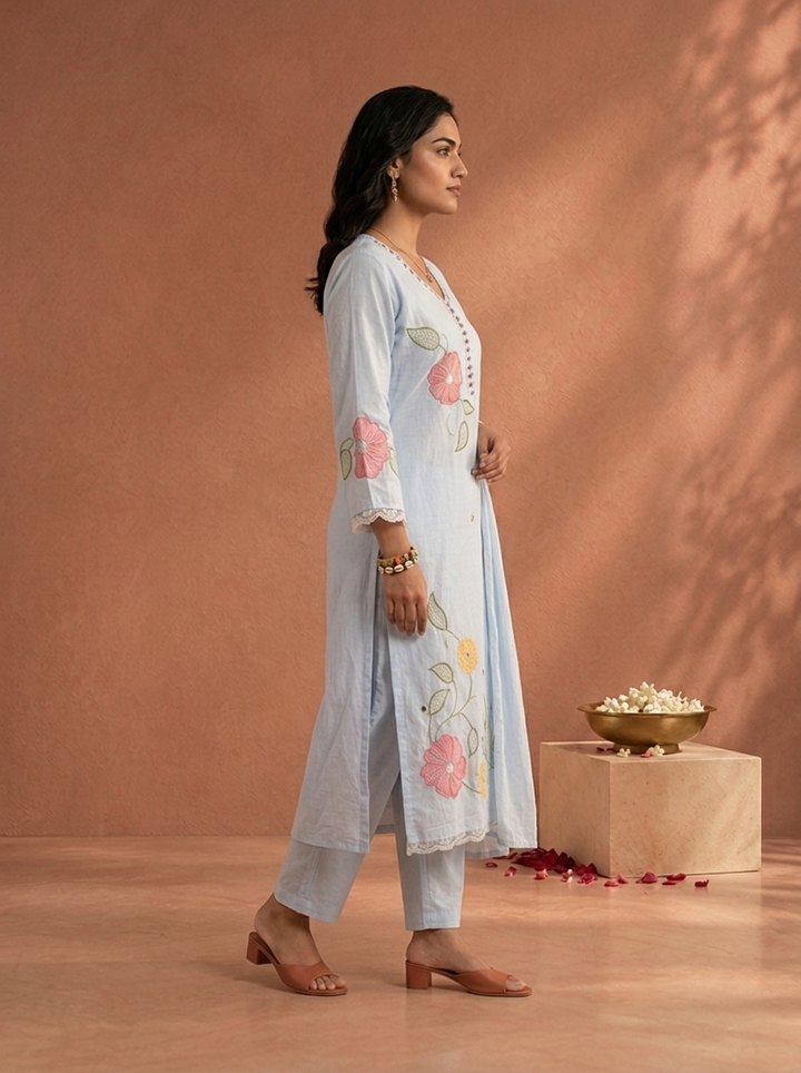 Sky Blue Cotton Floral Patch Embroidered Three Piece Set