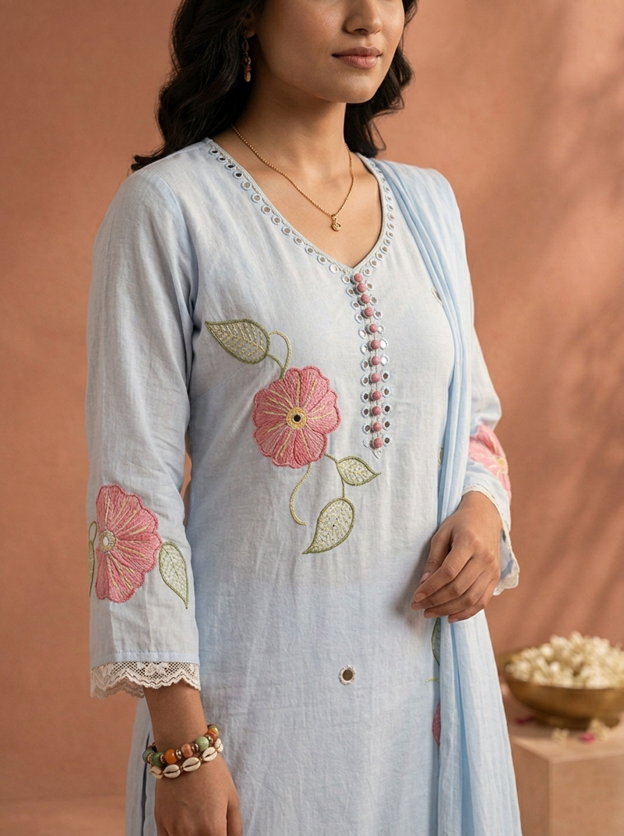 Sky Blue Cotton Floral Patch Embroidered Three Piece Set