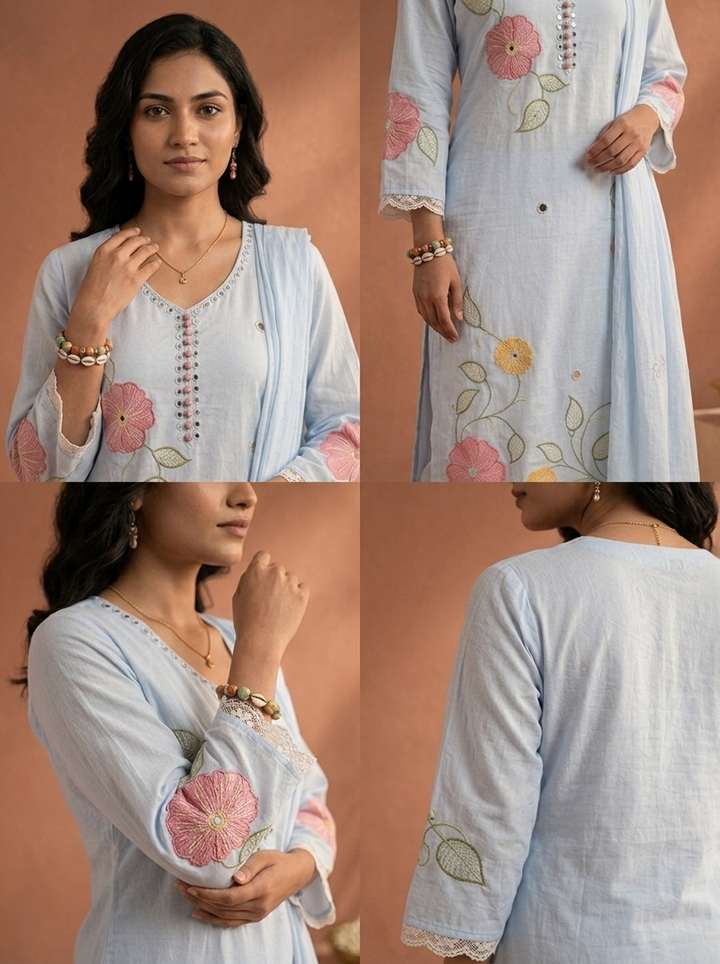 Sky Blue Cotton Floral Patch Embroidered Three Piece Set