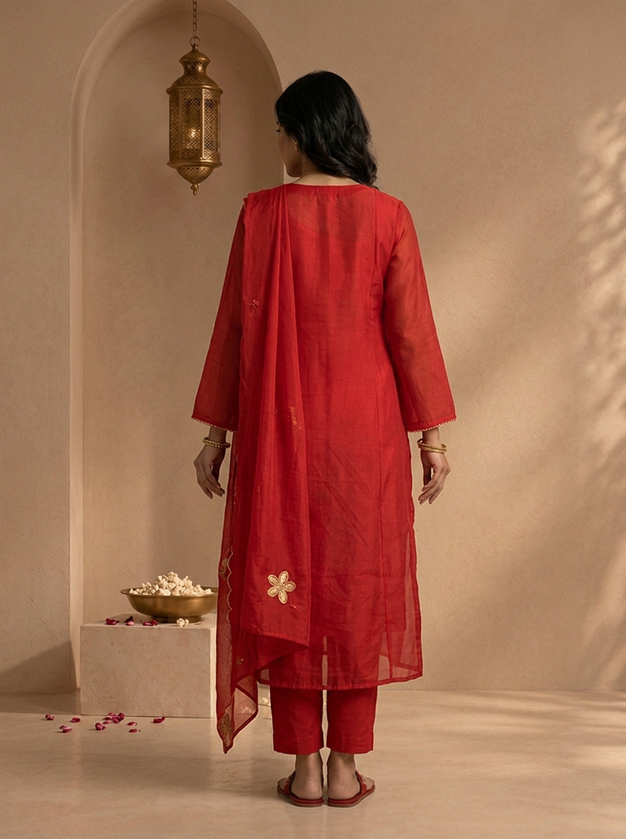 Maroon Muslin Zari Floral Thread Embroidered Three Piece Set