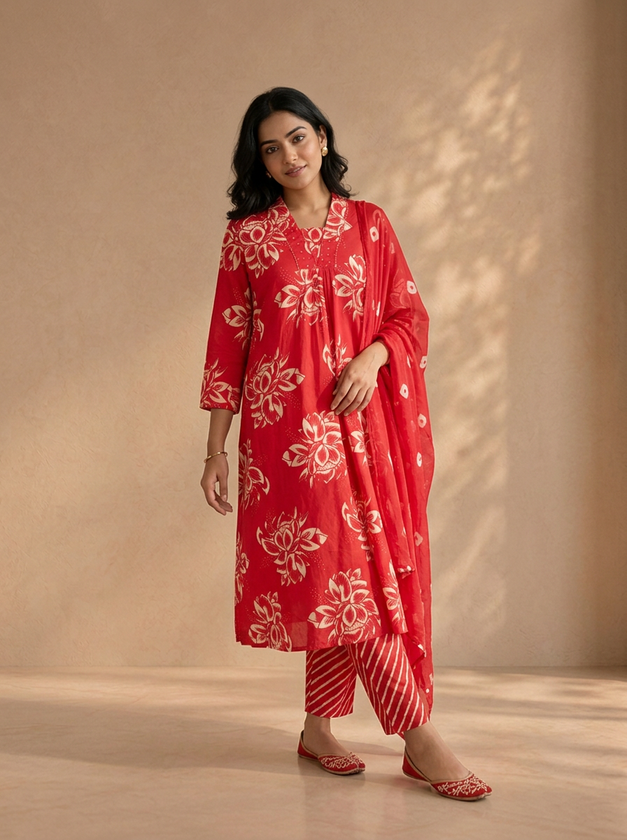 Rani Cotton Large Lotus Floral Printed Three Piece Set