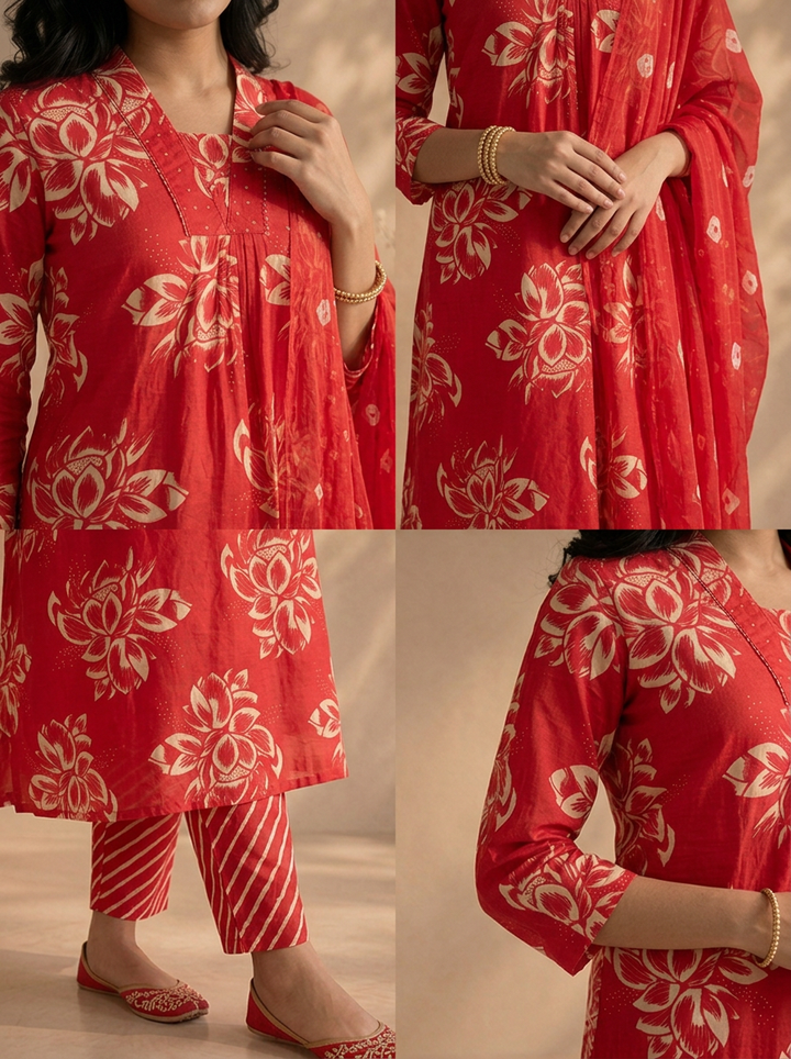 Rani Cotton Large Lotus Floral Printed Three Piece Set