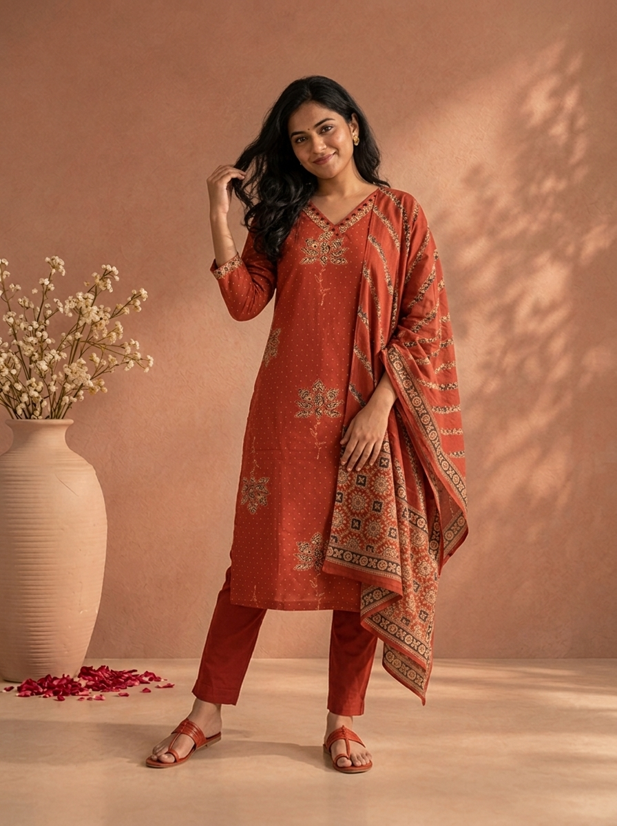 Maroon Cotton Ajrakh Lotus Floral Printed Three Piece Set