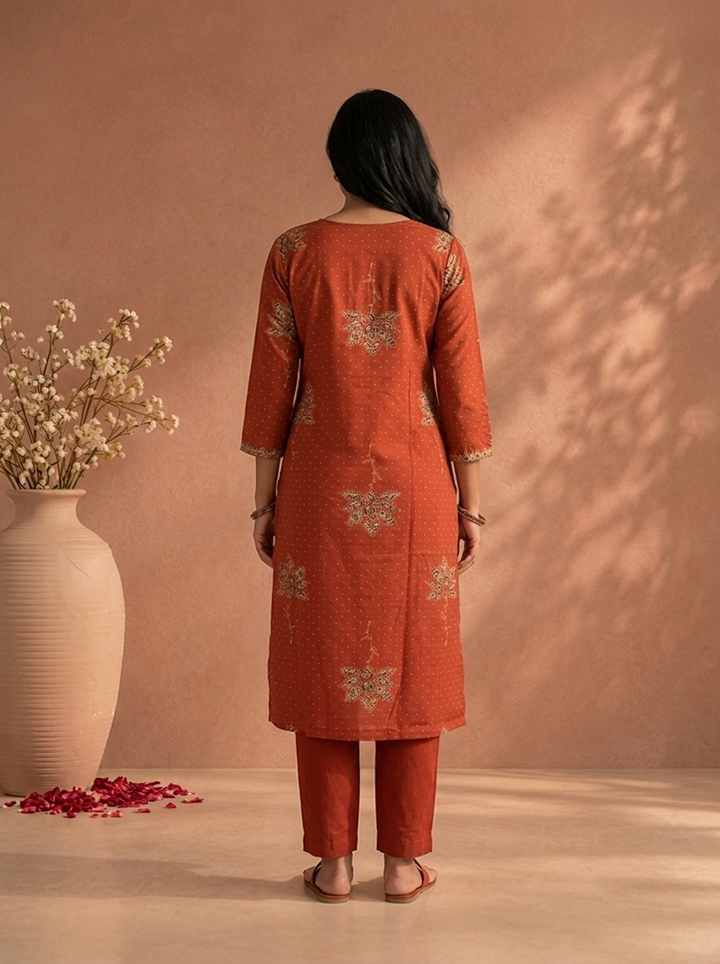 Maroon Cotton Ajrakh Lotus Floral Printed Three Piece Set