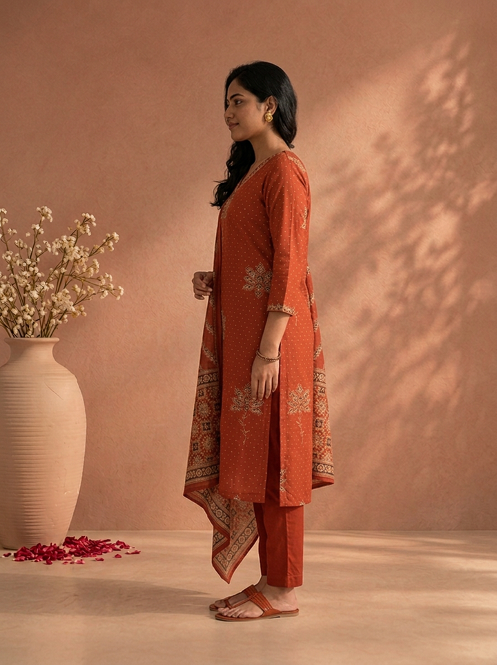 Maroon Cotton Ajrakh Lotus Floral Printed Three Piece Set