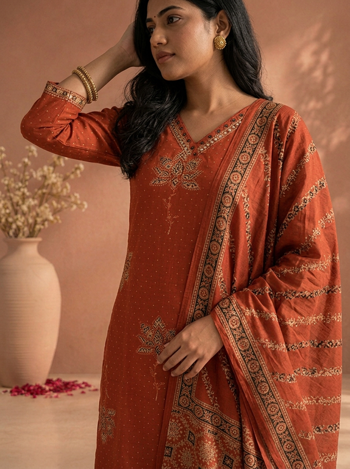 Maroon Cotton Ajrakh Lotus Floral Printed Three Piece Set
