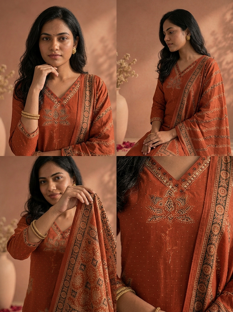 Maroon Cotton Ajrakh Lotus Floral Printed Three Piece Set
