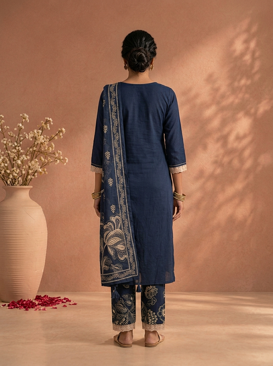 Navy Blue Cotton Large Floral Thread Embroidered Three Piece Set