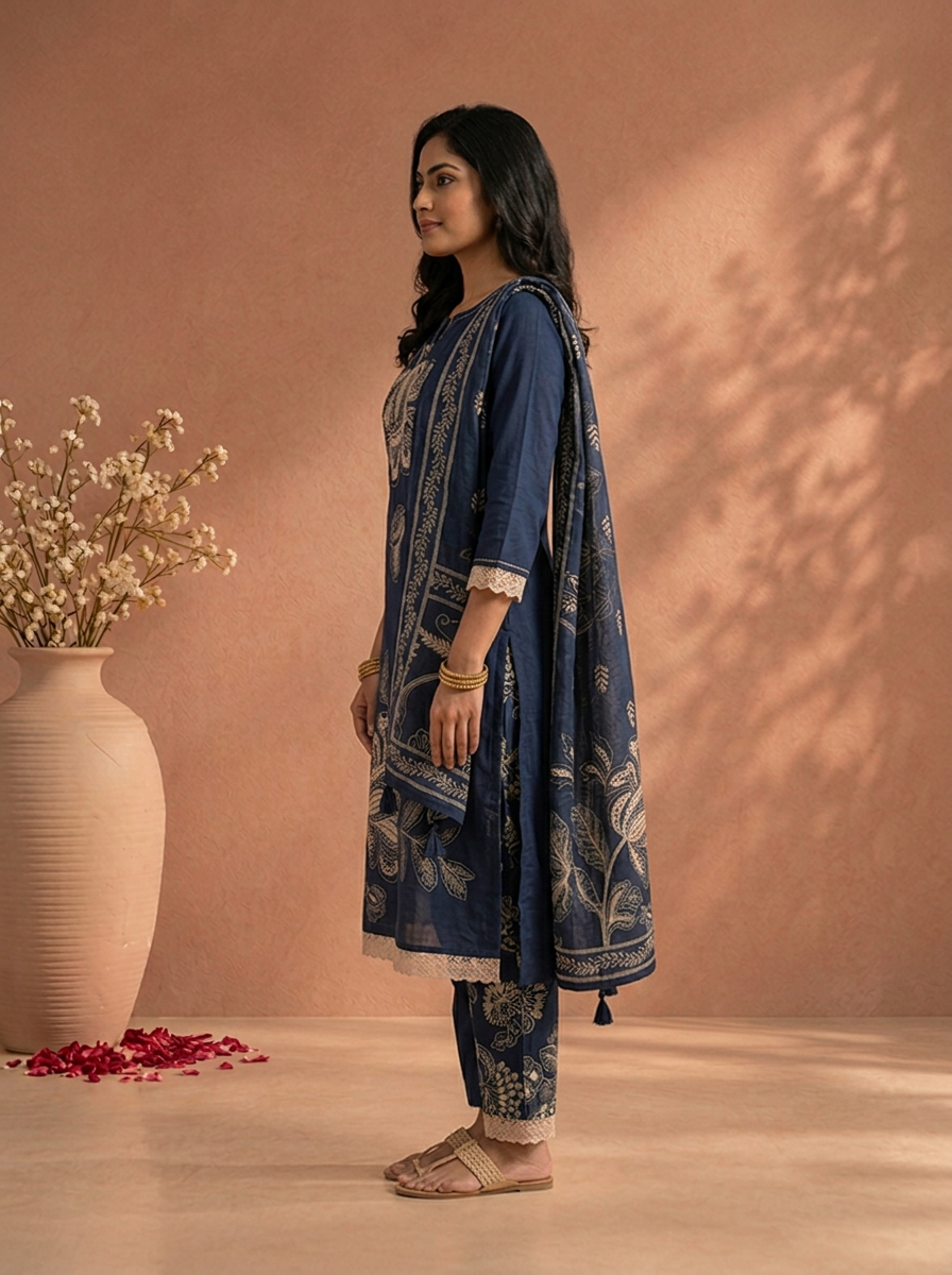 Navy Blue Cotton Large Floral Thread Embroidered Three Piece Set