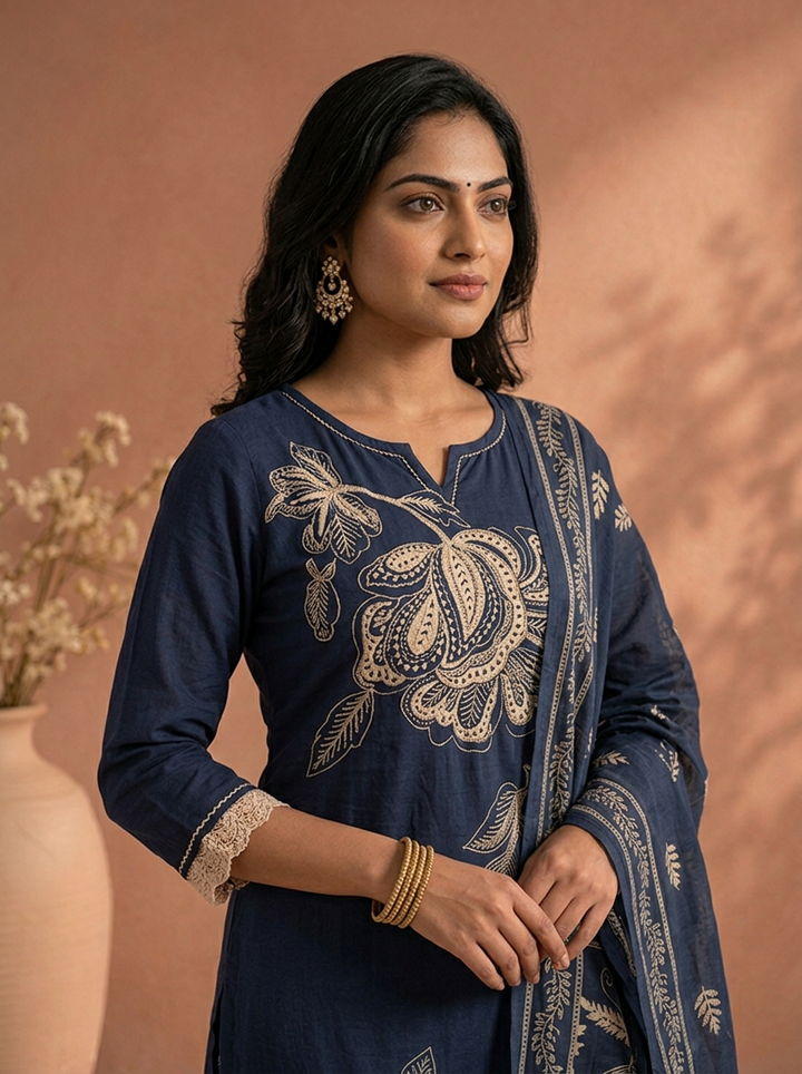 Navy Blue Cotton Large Floral Thread Embroidered Three Piece Set