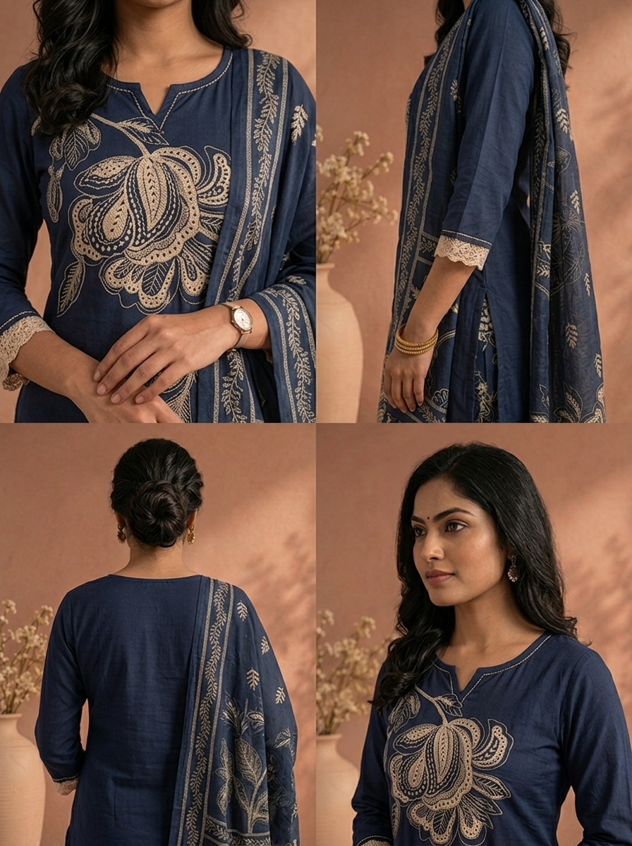Navy Blue Cotton Large Floral Thread Embroidered Three Piece Set