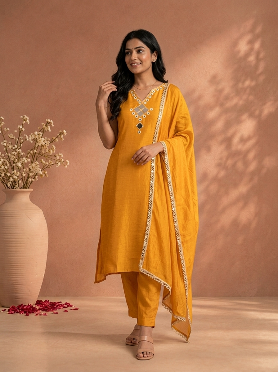 Gold Silk Solid With Mirror Embroidered Three Piece Set