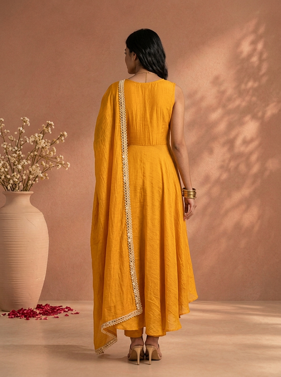 Gold Silk Solid With Mirror Embroidered Three Piece Set