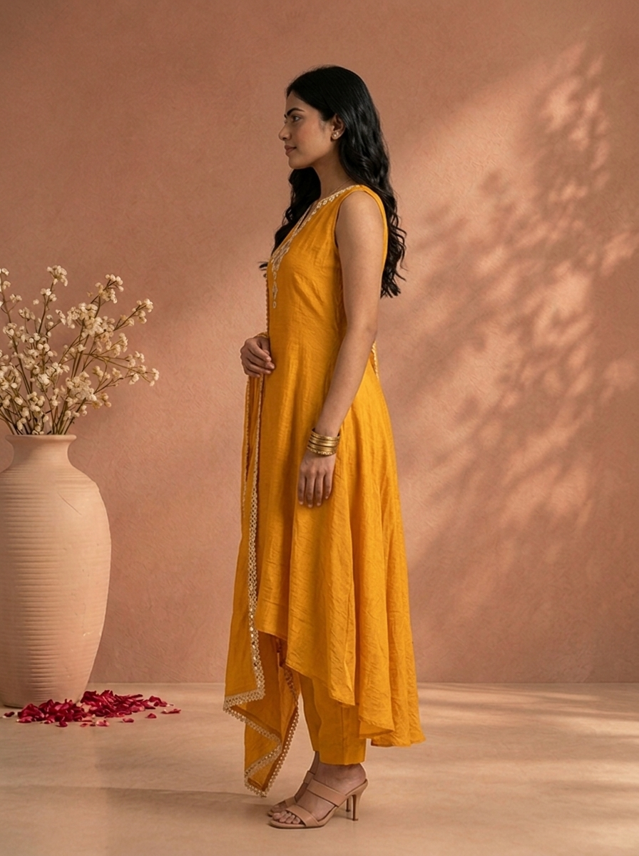 Gold Silk Solid With Mirror Embroidered Three Piece Set