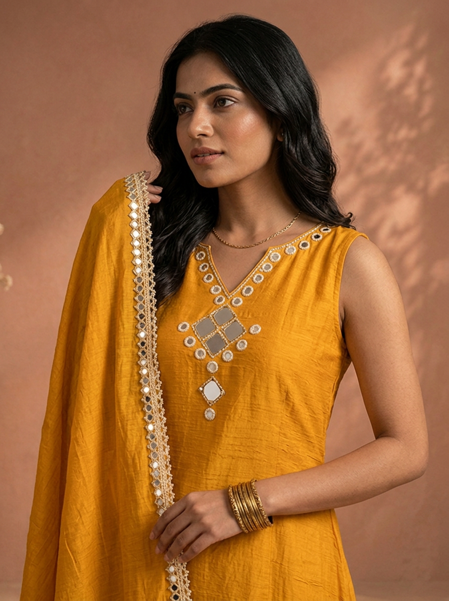 Gold Silk Solid With Mirror Embroidered Three Piece Set
