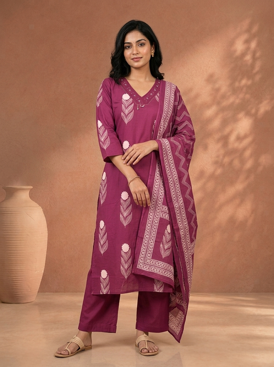 Purple Cotton Floral Block Printed Three Piece Set