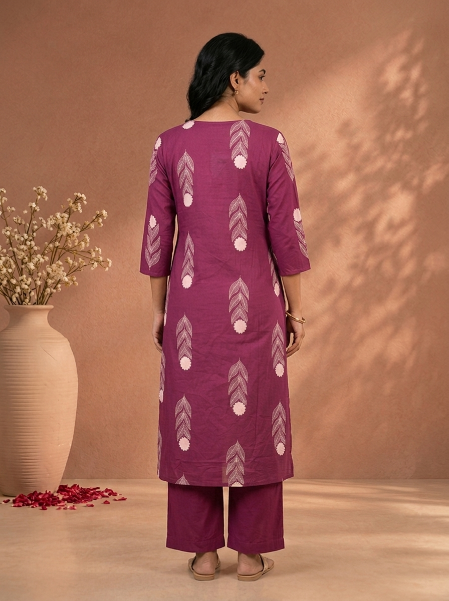 Purple Cotton Floral Block Printed Three Piece Set