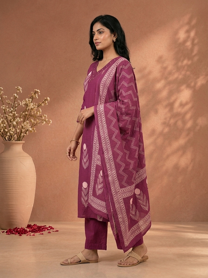 Purple Cotton Floral Block Printed Three Piece Set