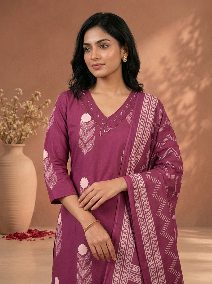 Purple Cotton Floral Block Printed Three Piece Set