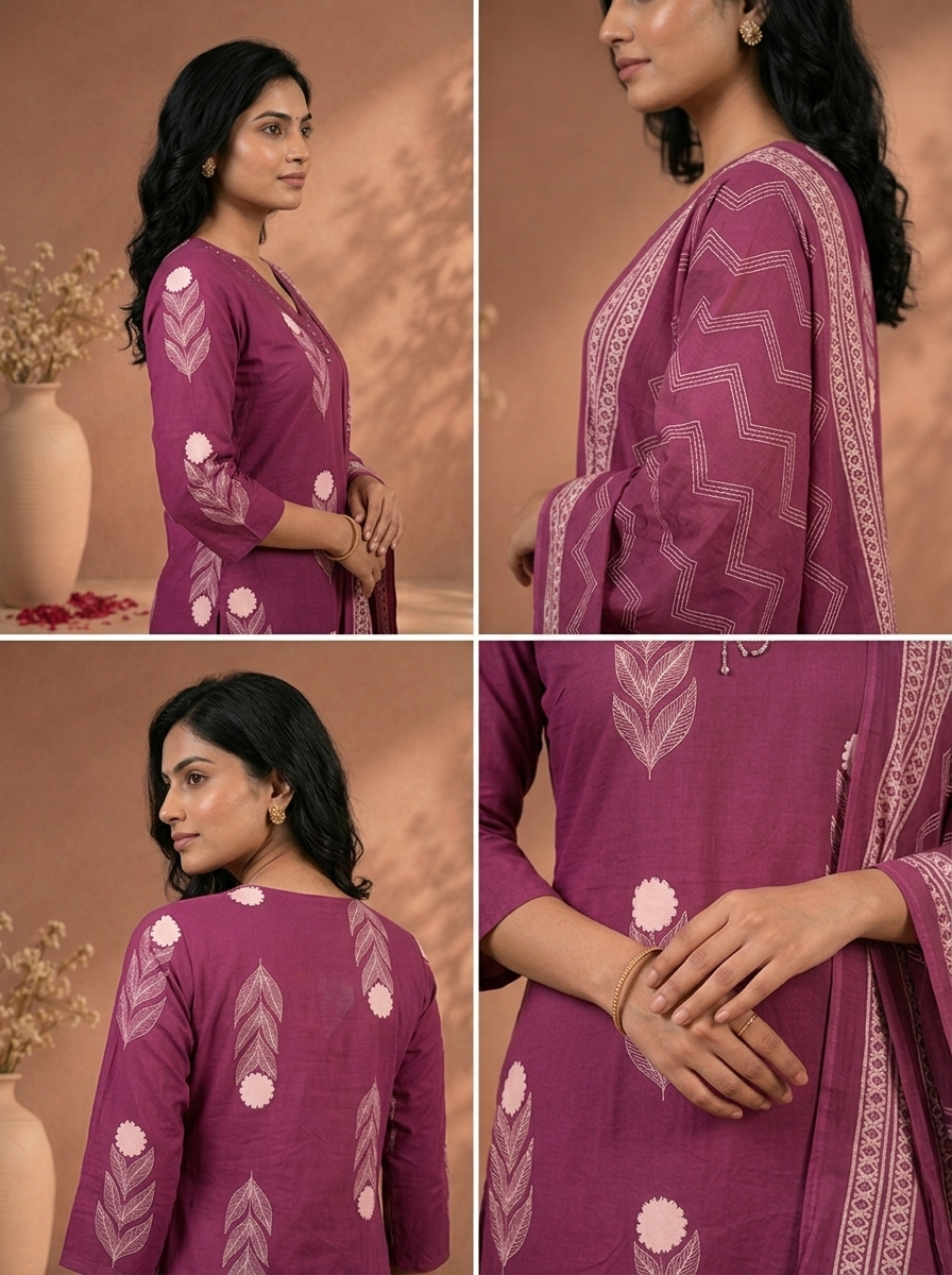 Purple Cotton Floral Block Printed Three Piece Set