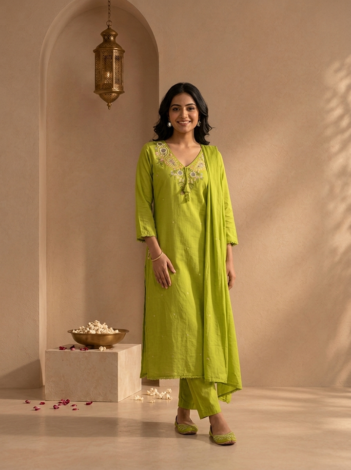 Mehadi Green Cotton Solid With Thread Embroidered Three Piece Set