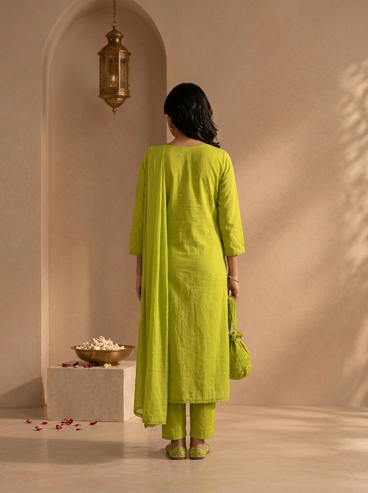 Mehadi Green Cotton Solid With Thread Embroidered Three Piece Set