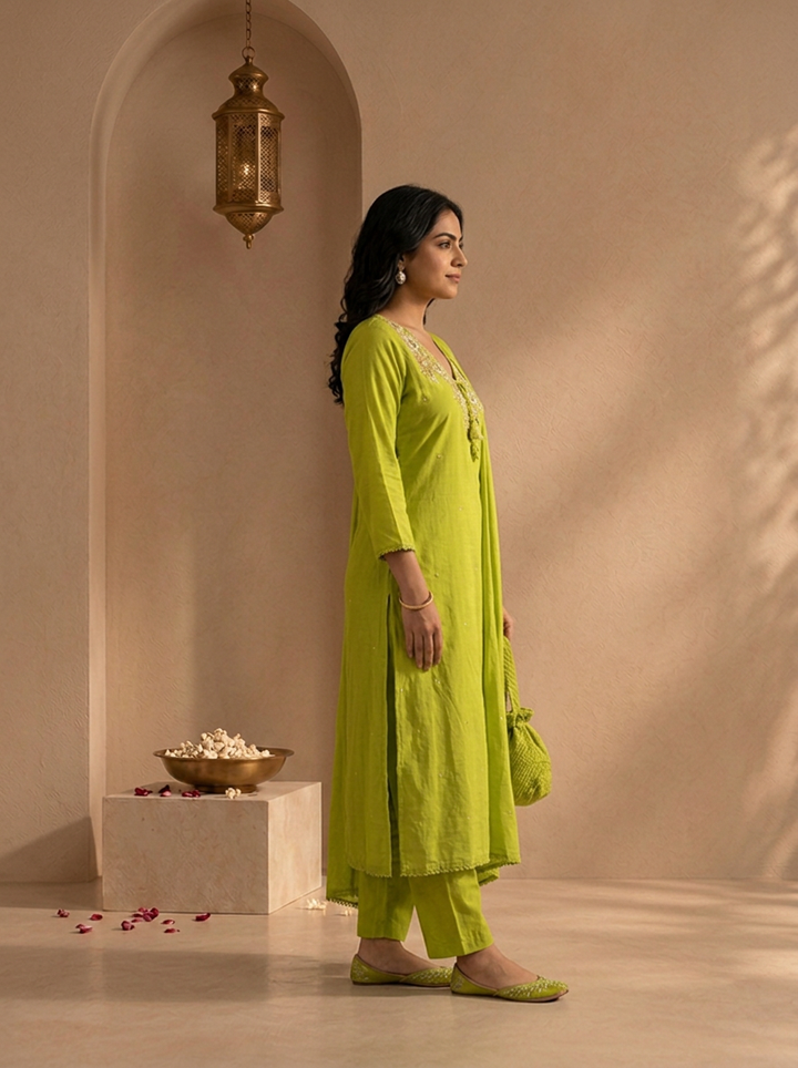 Mehadi Green Cotton Solid With Thread Embroidered Three Piece Set