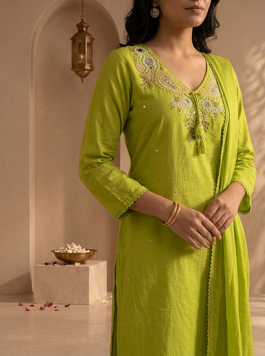 Mehadi Green Cotton Solid With Thread Embroidered Three Piece Set