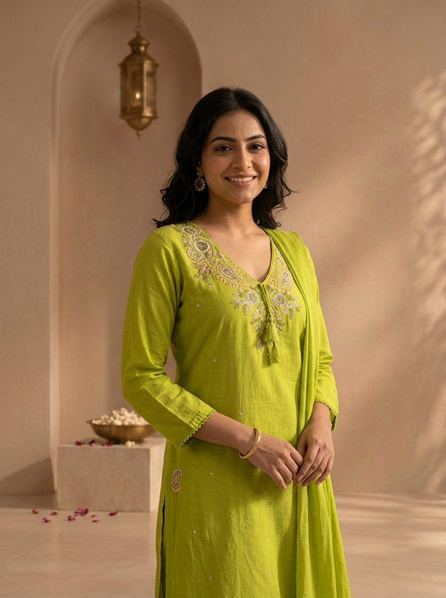 Mehadi Green Cotton Solid With Thread Embroidered Three Piece Set