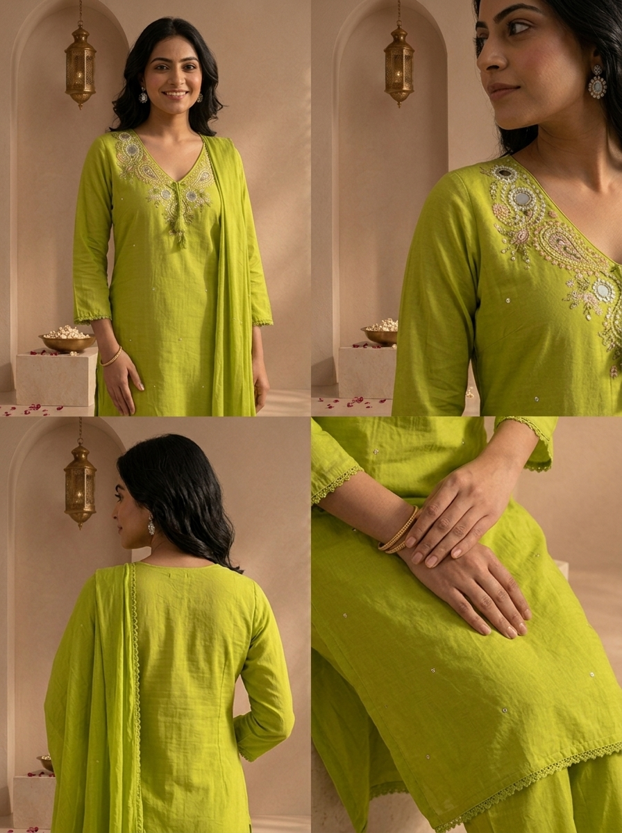 Mehadi Green Cotton Solid With Thread Embroidered Three Piece Set